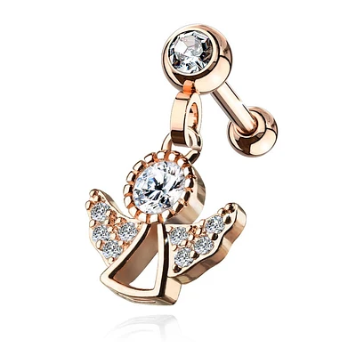 Rose Gold Plated Surgical Steel White CZ Dangling Angel Cartilage Ring