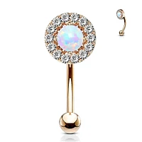 Rose Gold Plated Surgical Steel White CZ Gem Cluster & White Opal Curved Barbell