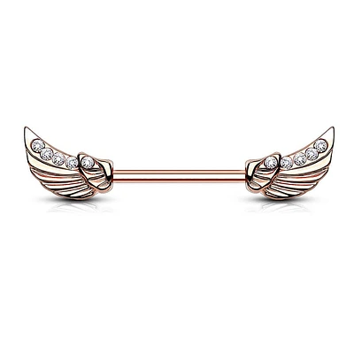 Rose Gold Plated Surgical Steel Wing Nipple Ring with White Gems