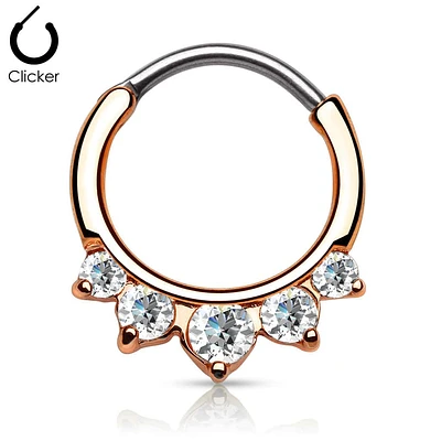 Rose Gold Plated White Clear 5 Prong Set CZ Round Septum Ring Curved 316L Surgical Steel Bar Clicker