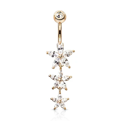 Rose Gold PVD Surgical Steel 3 White CZ Flower Dangle Belly Ring