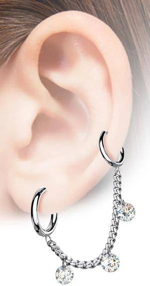 Rose Gold PVD Surgical Steel Chain Link Double Hoop Earring with White CZ Gem Dangle