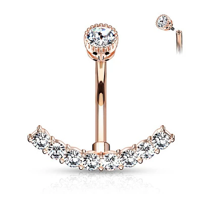 Rose Gold PVD Surgical Steel Internally Threaded Belly Ring with White CZ Curved Bottom