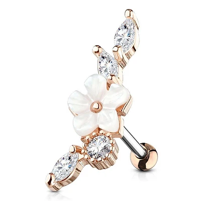 Rose Gold Surgical Steel Flower White CZ Vine Helix Barbell