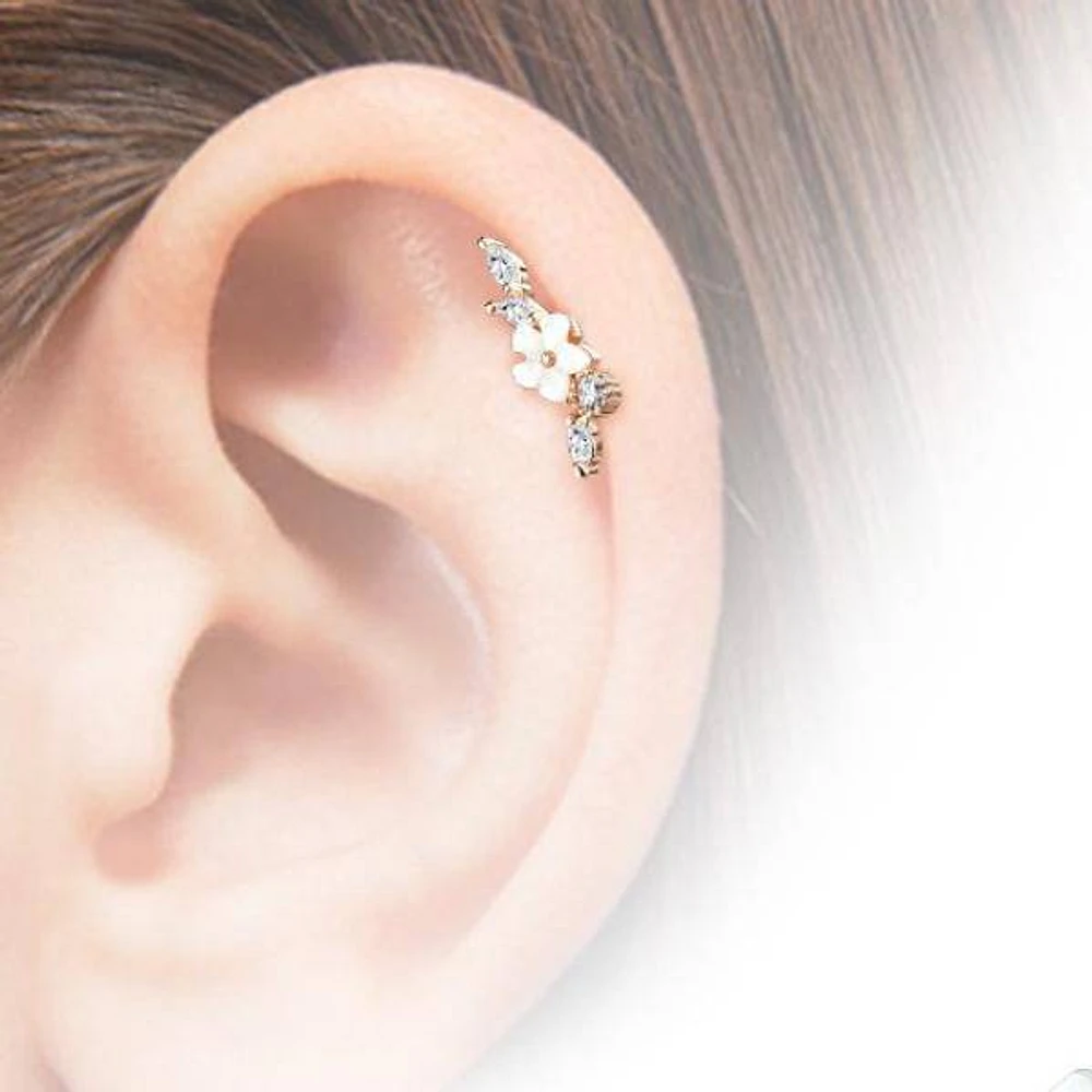 Rose Gold Surgical Steel Flower White CZ Vine Helix Barbell