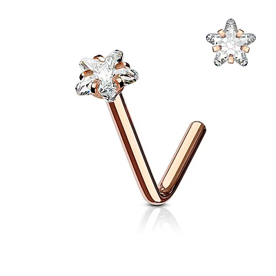 Rose Gold Surgical Steel Star CZ L Shape Nose Pin Stud