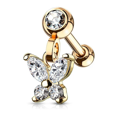 Rose Gold Surgical Steel White CZ Butterfly Dangle Cartilage Ring