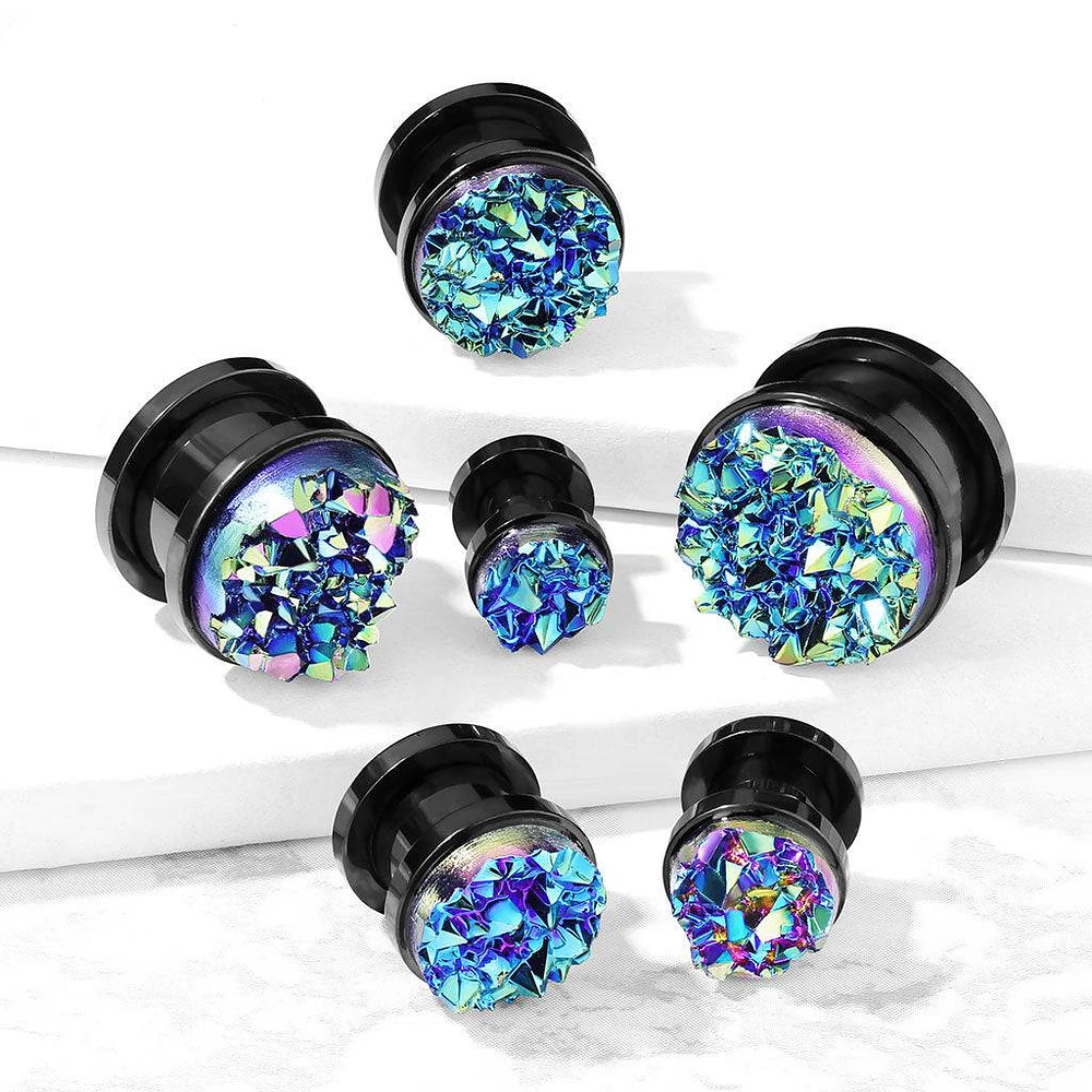 Screw On Blue Druzy Stone Black Ear Gauges Plugs