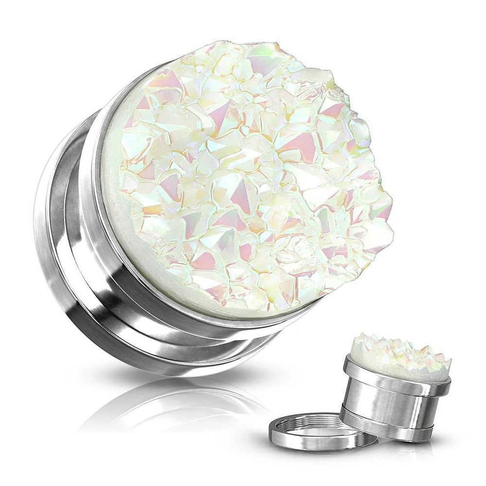 Screw On White Druzy Stone 316L Surgical Steel Ear Gauges Plugs