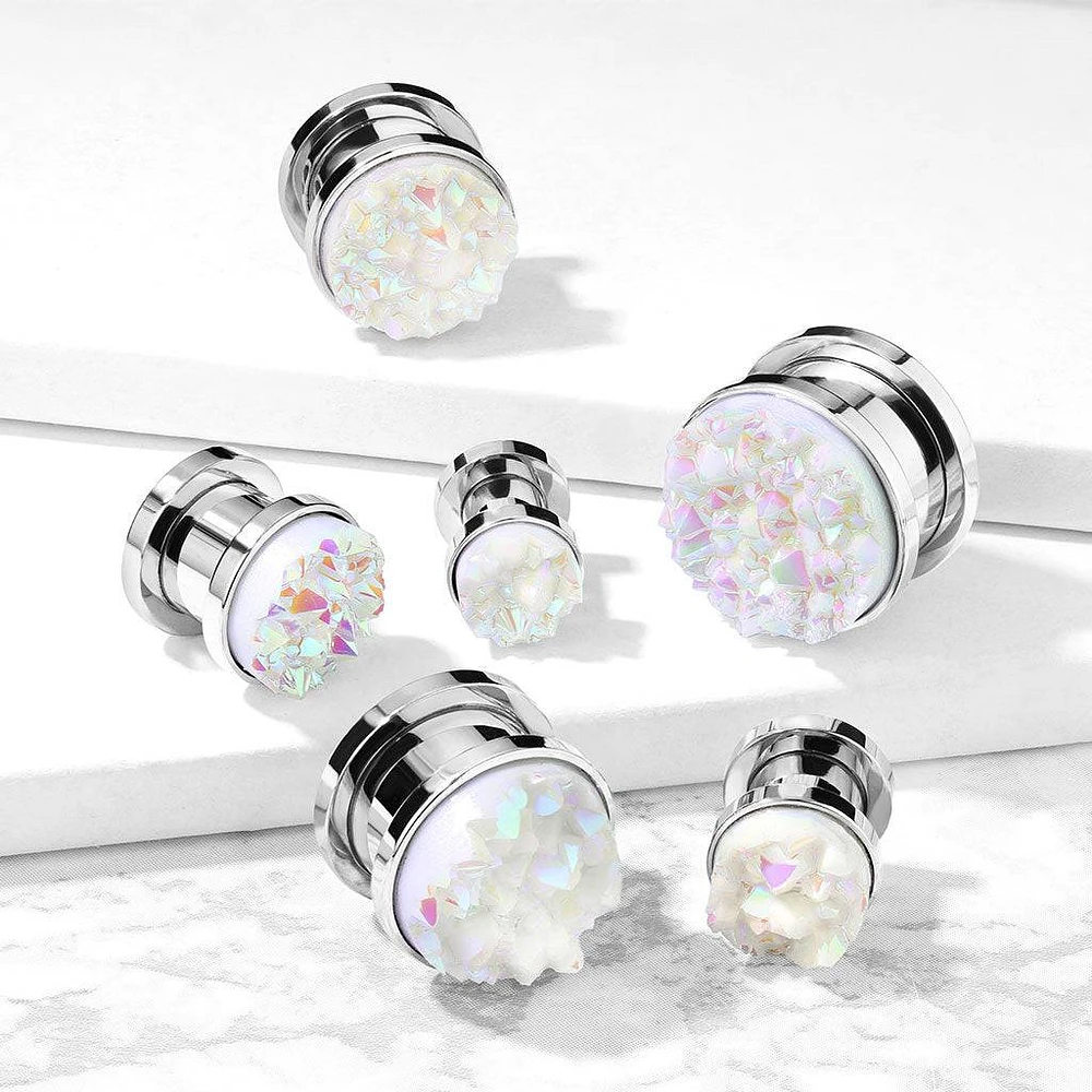 Screw On White Druzy Stone 316L Surgical Steel Ear Gauges Plugs