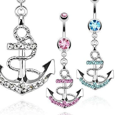 Ship Nautical Anchor CZ Gem Belly Button Navel Ring