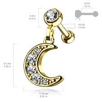 Surgical Steel Ball Back Crescent Moon White CZ Dangle Cartilage Ring