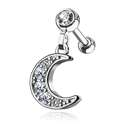 Surgical Steel Ball Back Crescent Moon White CZ Dangle Cartilage Ring