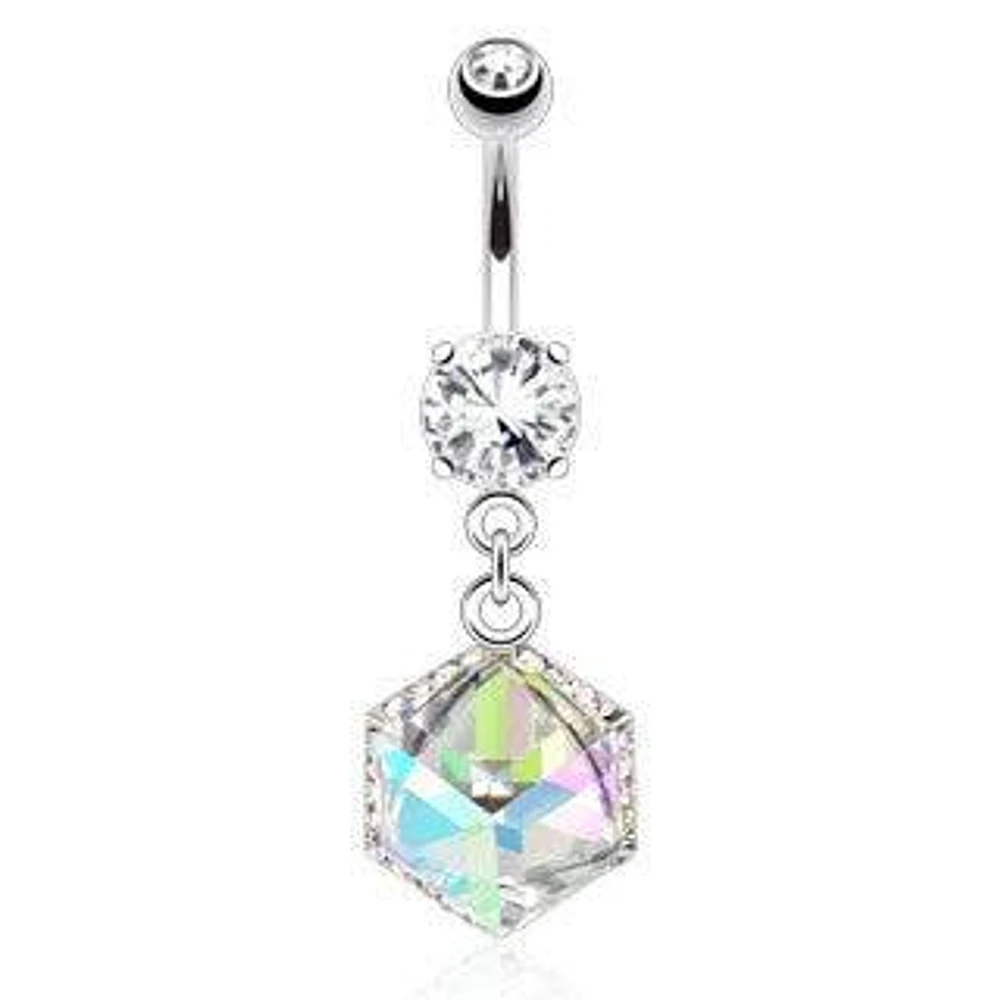 Surgical Steel Belly Button Navel Ring Bar with Dangling Cube Prism Box with Paved Gems