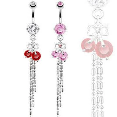 Surgical Steel Belly Button Navel Ring Bar with Dangling CZ Gem Ribbon Cherry