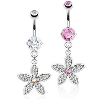 Surgical Steel Belly Button Navel Ring Bar with Dangling CZ Paved Flower Petal Centre Gem