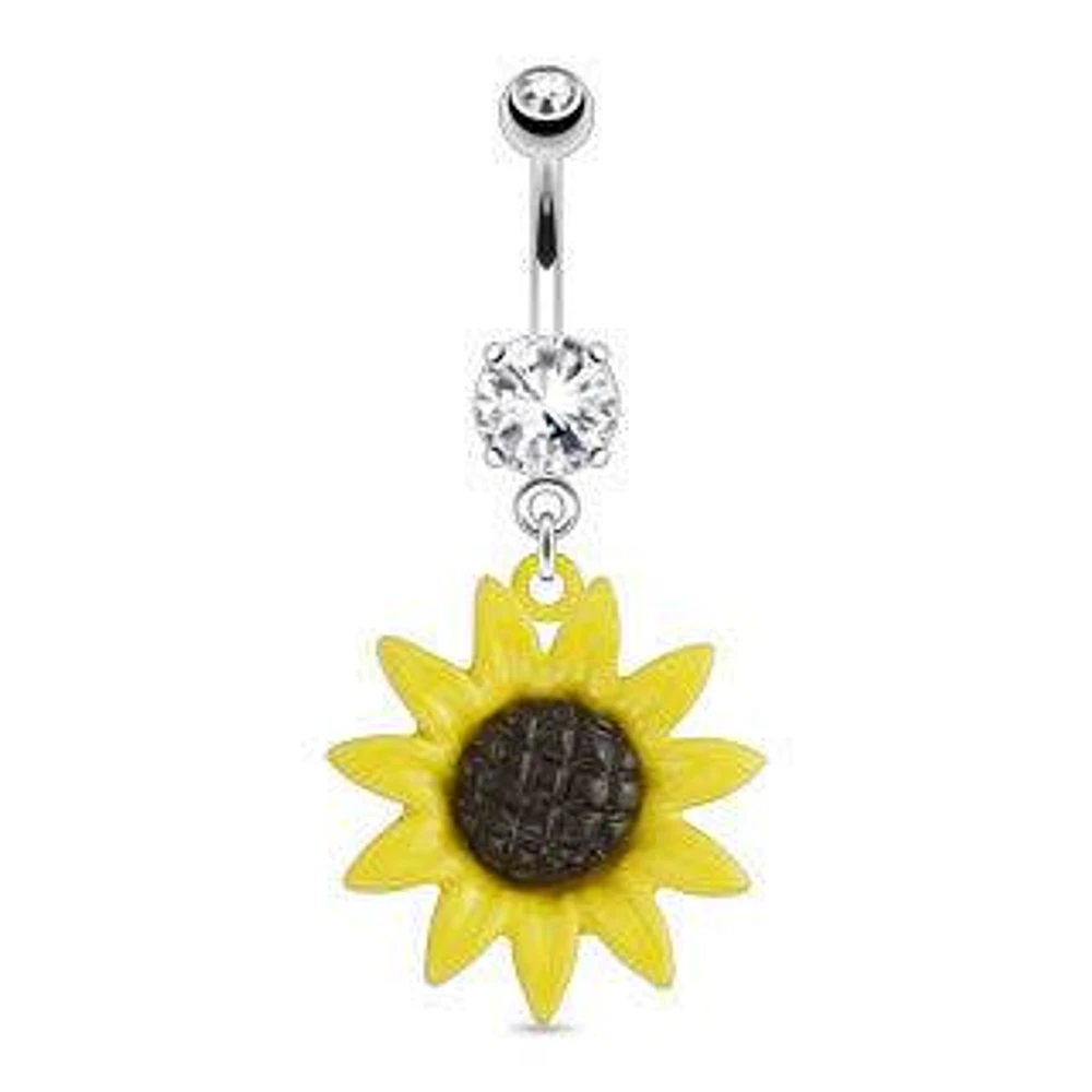 Surgical Steel Belly Button Navel Ring Bar with Dangling Sunflower