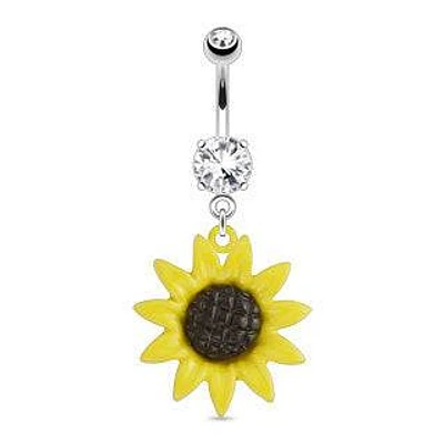 Surgical Steel Belly Button Navel Ring Bar with Dangling Sunflower