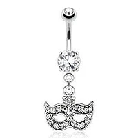 Surgical Steel Belly Button Navel Ring Bar with Dangling White CZ Drama Theater Masquerade Ball Mask