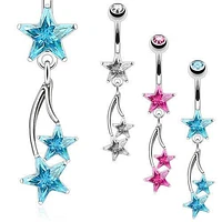 Surgical Steel Belly Button Navel Ring with Fixed Shooting Double Star Dangle