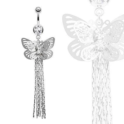 Surgical Steel Belly Button Navel Ring with Layered Butterfly with Tassels Dangle