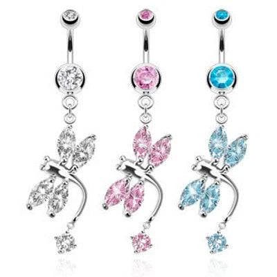 Surgical Steel Belly Button Prong Set CZ Gem Dangling Dragon Fly Ring