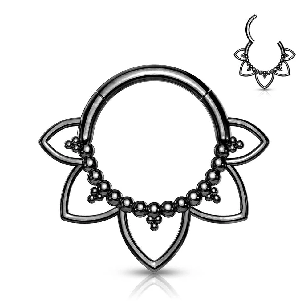 Surgical Steel Black PVD Floral Tribal Hinged Septum Ring Hoop Clicker