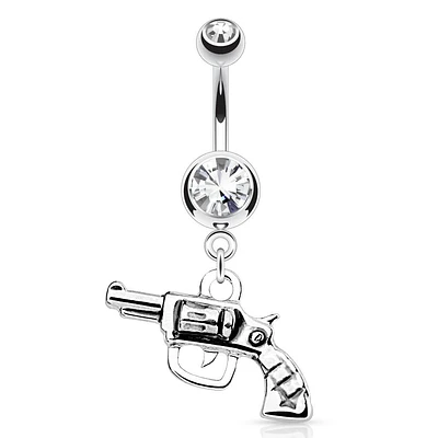 Surgical Steel Clear Gem Revolver Gun Dangling Belly Button Navel Ring