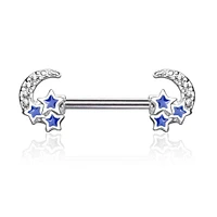 Surgical Steel Crescent Moon & Blue Stars Nipple Ring Barbell