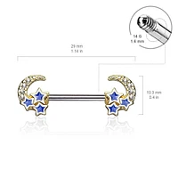 Surgical Steel Crescent Moon & Blue Stars Nipple Ring Barbell