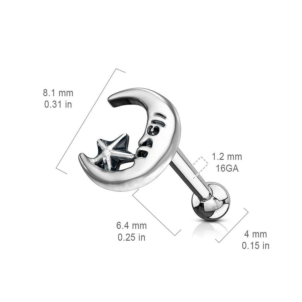 Surgical Steel Crescent Moon Star Ball Back Cartilage Barbell