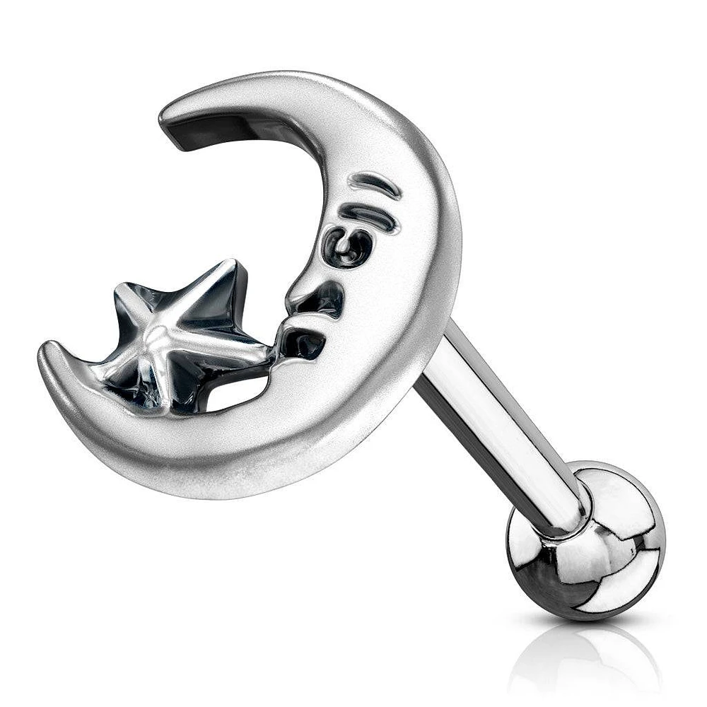 Surgical Steel Crescent Moon Star Ball Back Cartilage Barbell
