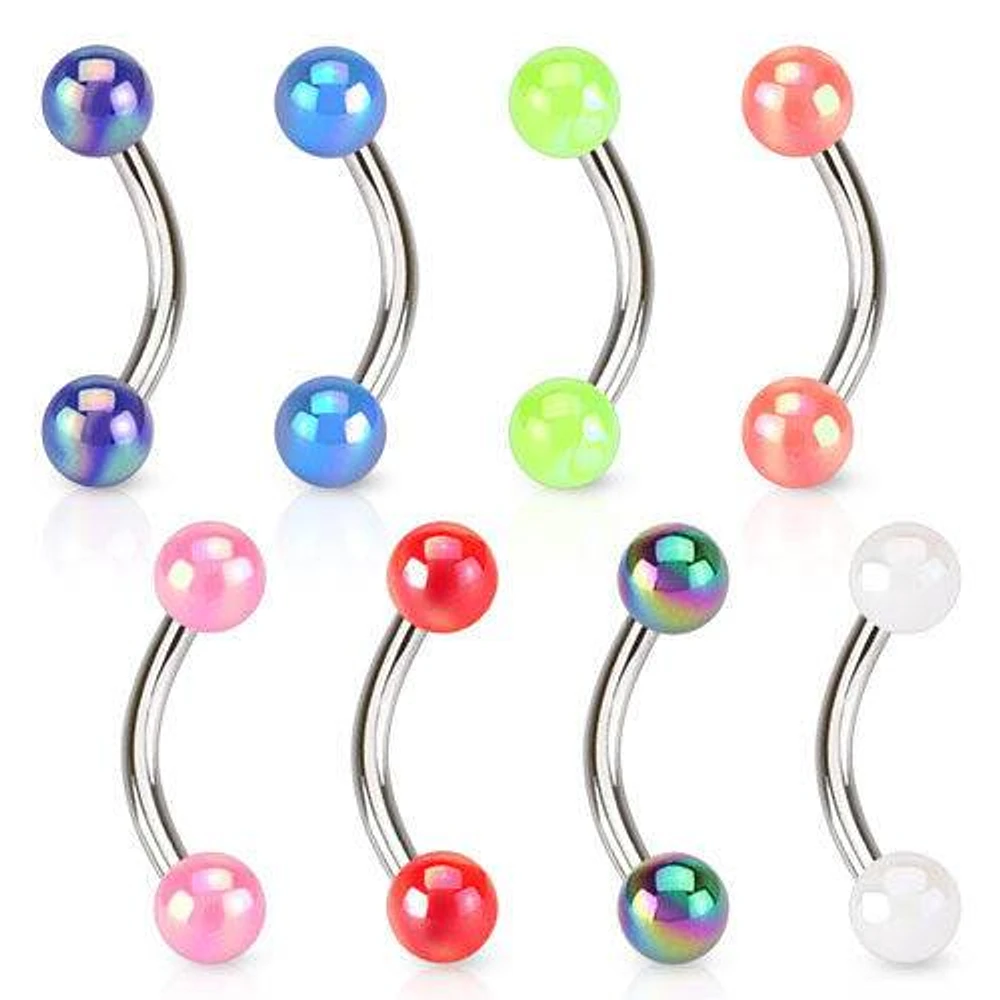 Surgical Steel Curved Barbell with Shiny Metallic Coated Acrylic Balls