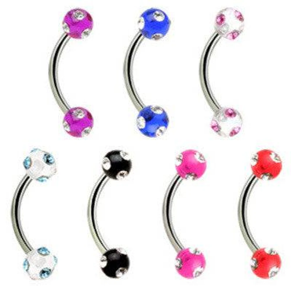 Surgical Steel Curved Eyebrow Cartilage Helix Tragus Barbell Ring with Multi CZ Colored Acrylic Balls