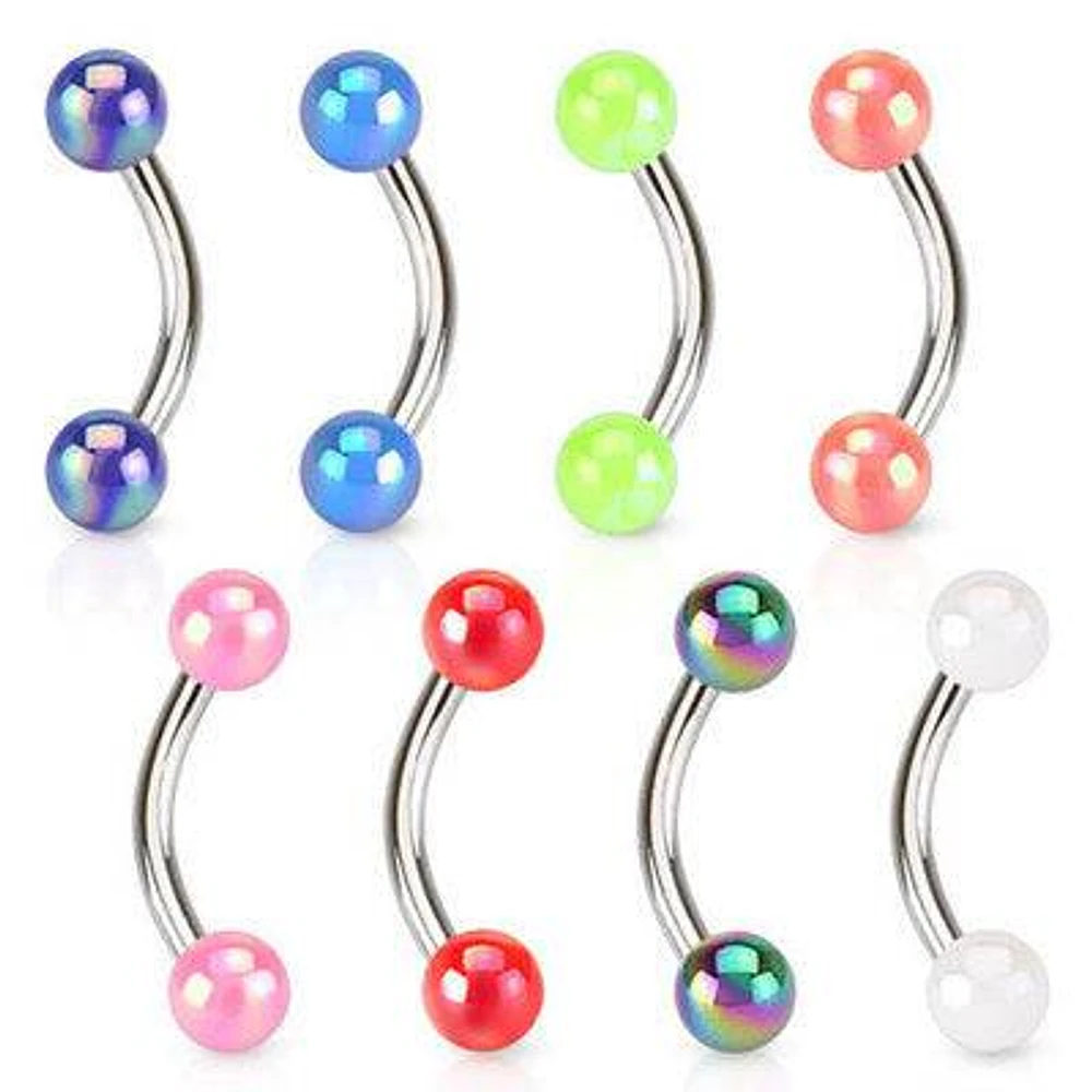 Surgical Steel Curved Eyebrow Cartilage Ring with Metallic Glow Acrylic Balls