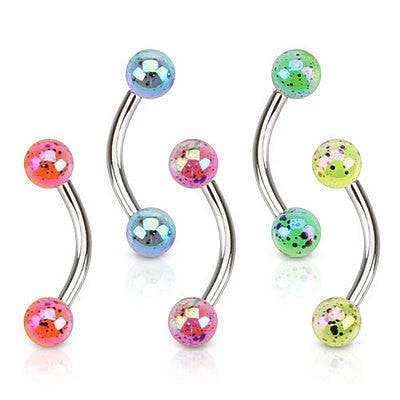Surgical Steel Curved Eyebrow Cartilage Ring with Splatter Shine Glow Acrylic Ball Ends