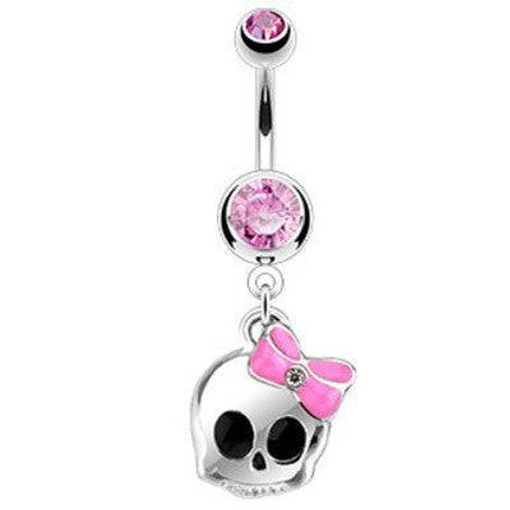 Surgical Steel Cute Skull Pink Bow Belly Button Navel Ring Dangle