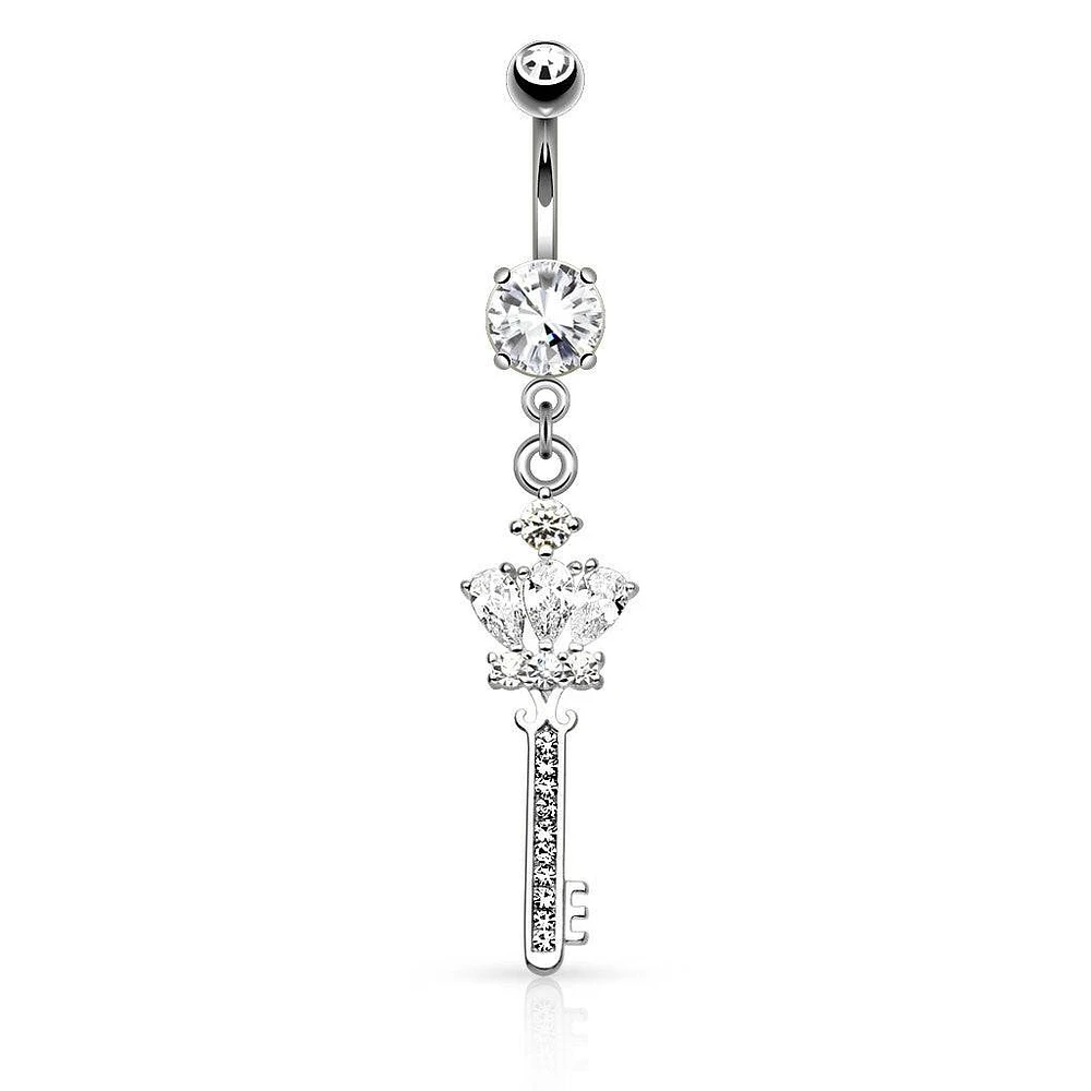 Surgical Steel CZ Crown and Key Dangling Belly Button Navel Ring