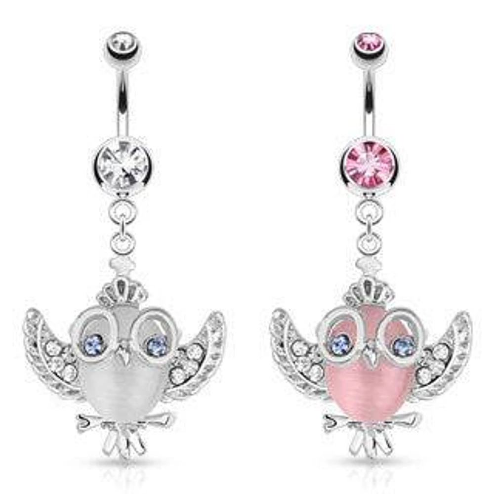 Surgical Steel CZ Gem Flying Owl Belly Button Navel Ring