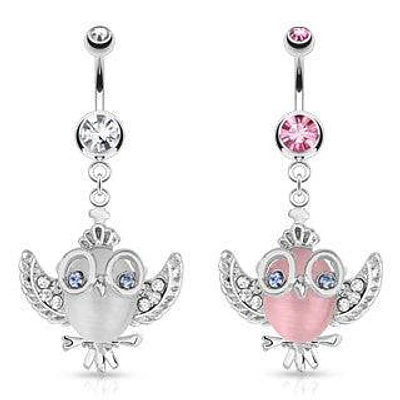 Surgical Steel CZ Gem Flying Owl Belly Button Navel Ring