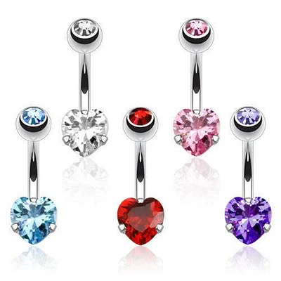 Surgical Steel CZ Gem Heart Prong Basic Belly Button Navel Ring