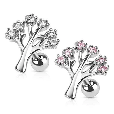 Surgical Steel CZ Gemmed Tree Ball Back Cartilage Helix Ring