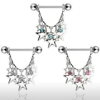 Surgical Steel Dangling CZ Gems and Stars Nipple Ring Shield Barbell
