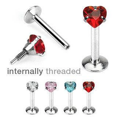 Surgical Steel Flat Back White CZ Heart Prong Gem Internally Threaded Labret Monroe Cartilage Stud