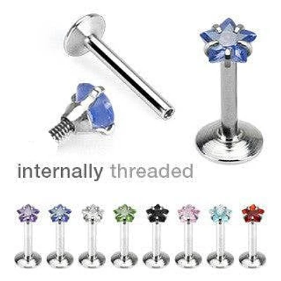 Surgical Steel Flat Back Star Prong Gem Internally Threaded Labret Monroe Cartilage Stud