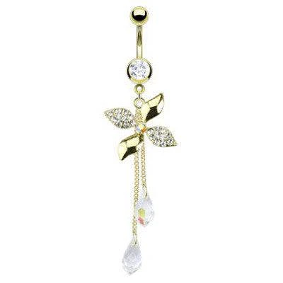 Surgical Steel Gold Plated Chandelier Flower CZ Gem Dangle Belly Ring