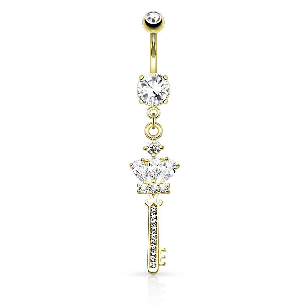 Surgical Steel Gold Plated CZ Crown and Key Dangling Belly Button Navel Ring