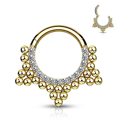 Surgical Steel Gold PVD Beaded Tribal Hinged Septum Ring Hoop Clicker
