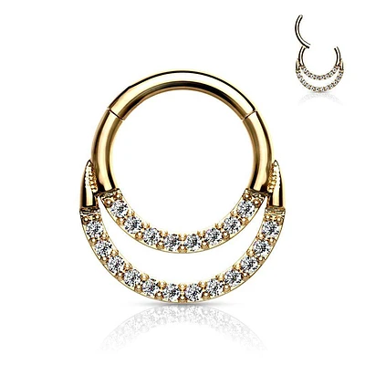 Surgical Steel Gold PVD Double Line White CZ Hinged Easy Click Septum Ring