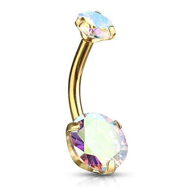 Surgical Steel Gold PVD Internally Threaded Belly Ring Aurora Borealis CZ Gems
